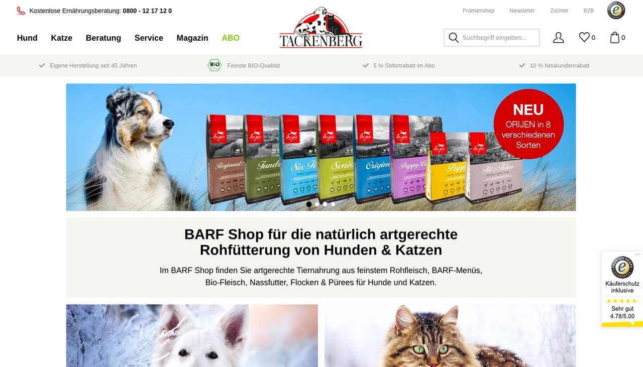 Ansicht des Tackenberg Online-Shops mit Angeboten an Tiernahrung