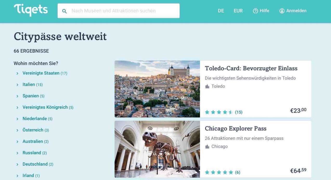 Übersicht der Tiqets Citypässe weltweit
