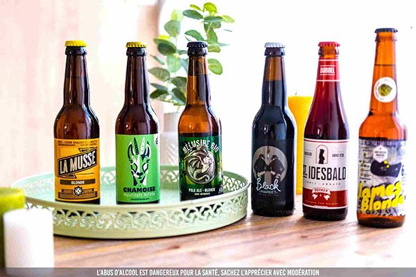 Six bouteilles de bière différentes su une table en bois avec plateau et plante