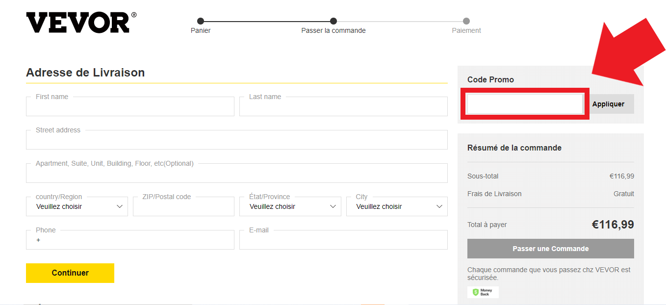Emplacement pour codes promo Vevor