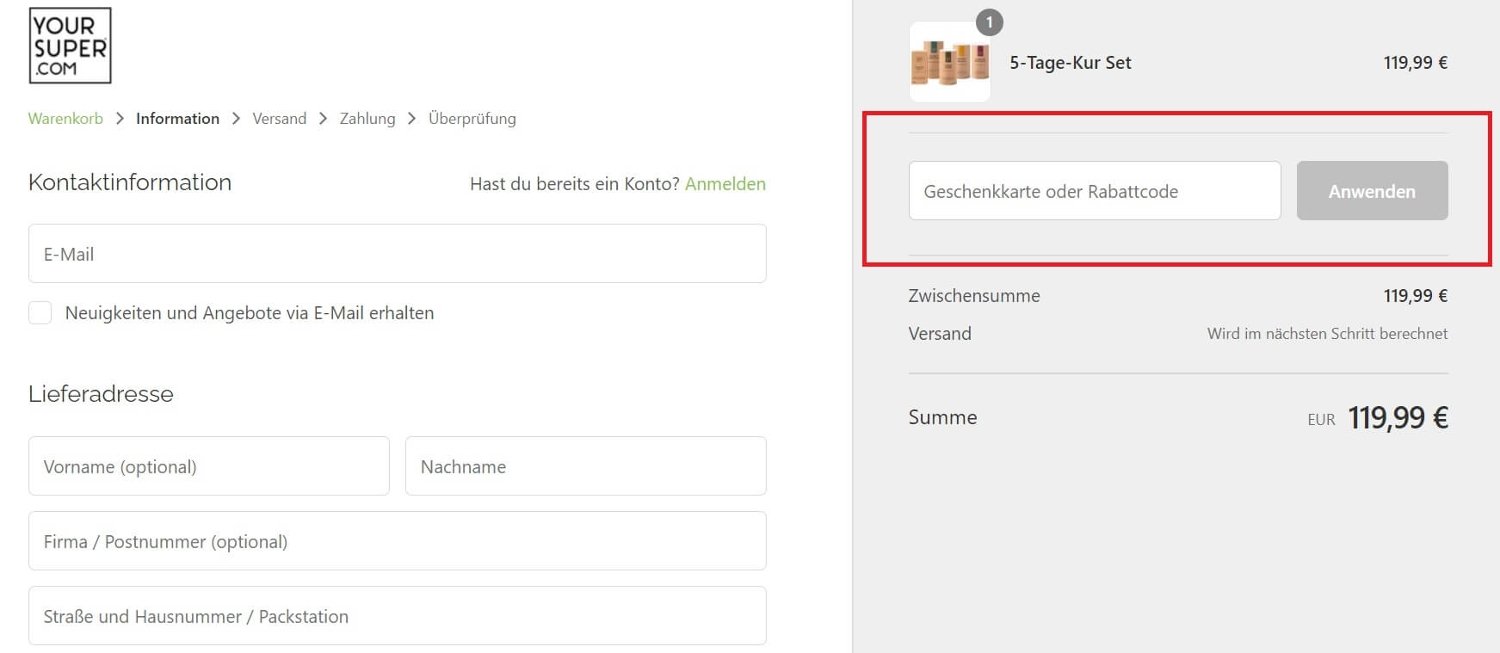 Screenshot vom Kassenbereich im Online-Shop mit Eingabefeld für Your-Superfoods-Rabatte