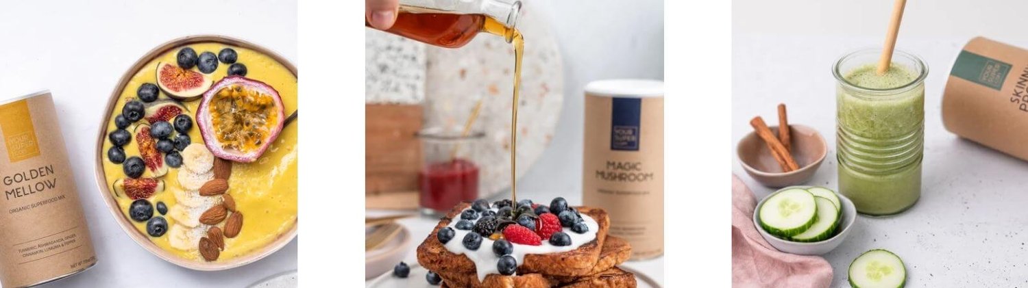 Fotos zu Your-Superfoods-Rezepten. Zu sehen sind eine Kurkuma-Smoothie-Bowl, veganes French Toast und ein grüner Smoothie.