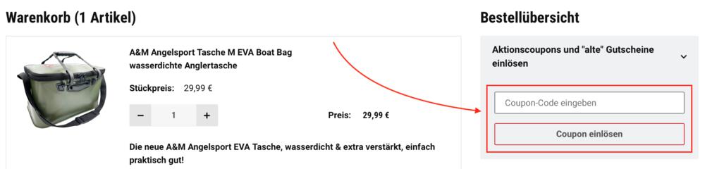 Warenkorb-Screenshot mit Eingabefeld für deinen A&M Angelsport Gutschein