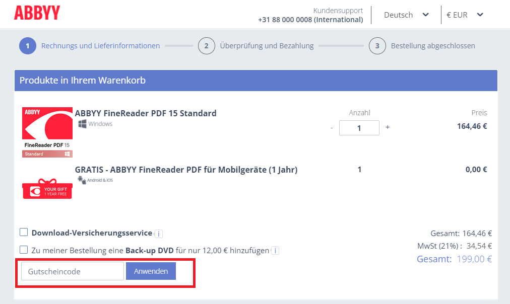 Beim Online-Bezahlvorgang einen ABBYY-Gutschein einlösen