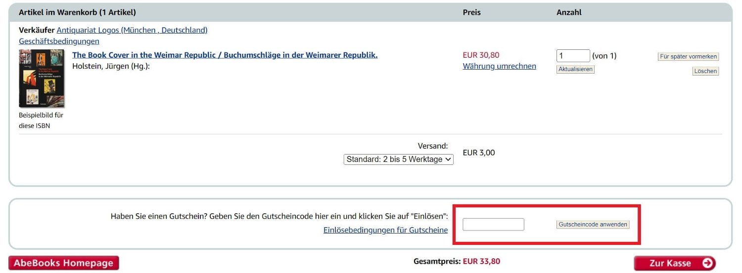 Screenshot vom Warenkorb mit Eingabefeld für einen AbeBooks Gutschein