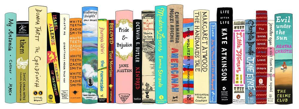 Banner für die AbeBooks Gutscheinseite: gezeichnete Buchrücken bekannter Romane, die von Frauen geschrieben wurden