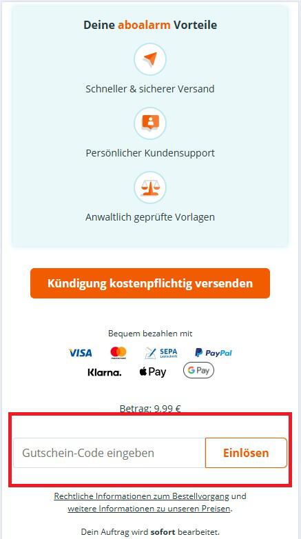 Eingabefeld für aboalarm Gutscheincode im Buchungsfenster