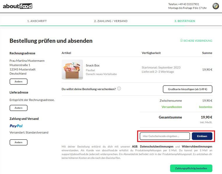 Screenshot aus dem Warenkorb mit Hinweis darauf, wo du beim Bestellvorgang den aboutfood Gutschein einlösen kannst.