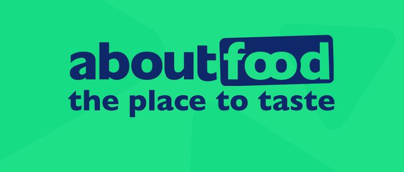 Firmenlogo und Slogan auf grünem Hintergrund als Banner der aboutfood Gutscheinseite