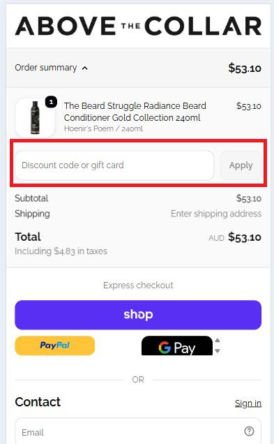 screenshot of Above The Collar discount code box at checkout