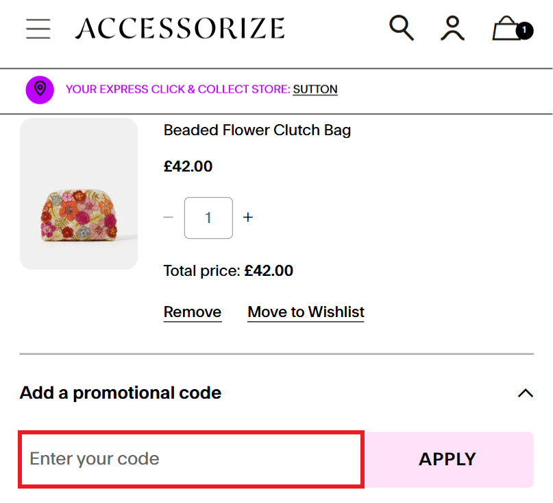 Accessorize discount code redemption box