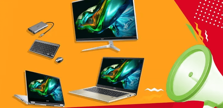 Acer Autum/Winter savings image showing laptops and other branded tech on a colourful background with an illustrated megaphone in bottom right corner