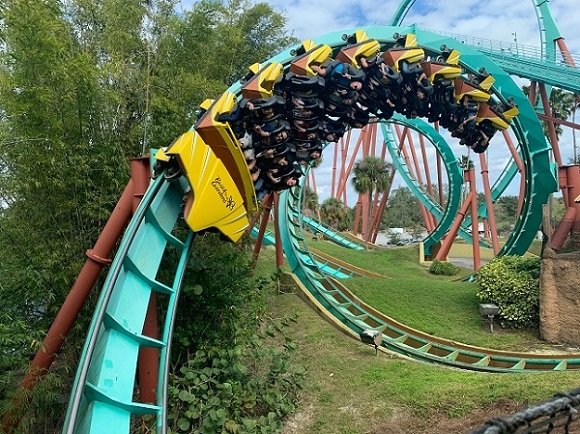 Menschen haben Spaß auf Achterbahn in Freizeitpark