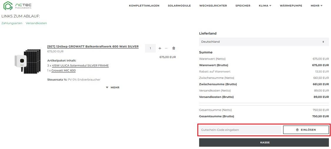 Screenshot aus dem Warenkorb mit Feld zum Einlösen vom ACTEC Solar Gutschein