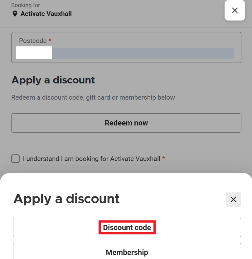 Activate discount code redemption box image