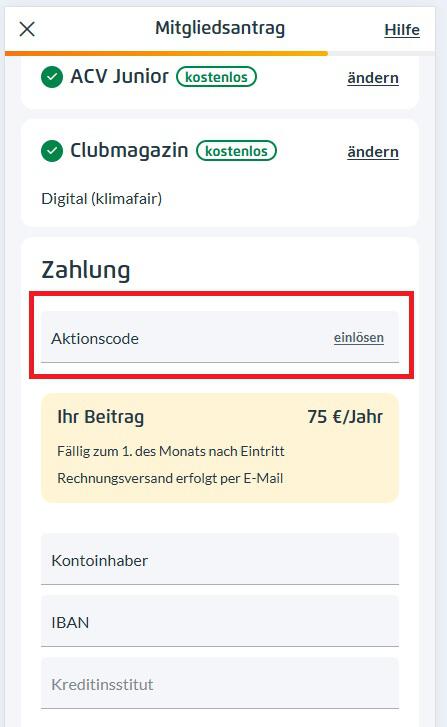 Screenshot vom Eingabefeld für den ACV Aktionscode im Mitgliedschaftsantrag