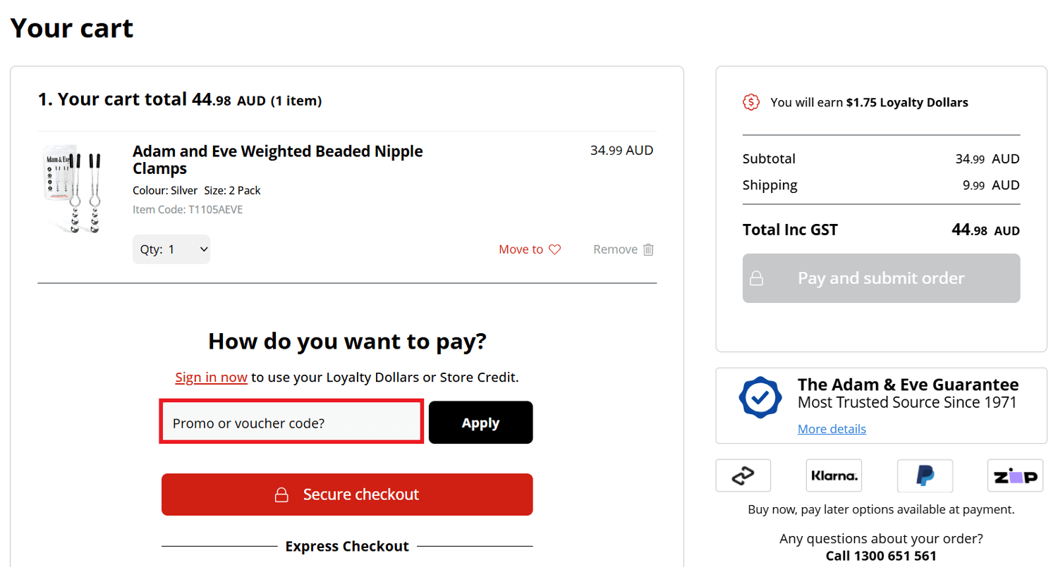Adam & Eve promo code box during checkout image