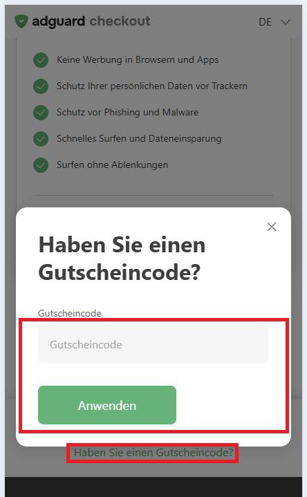 Eingabefeld für einen AdGuard Gutscheincode beim Online-Checkout