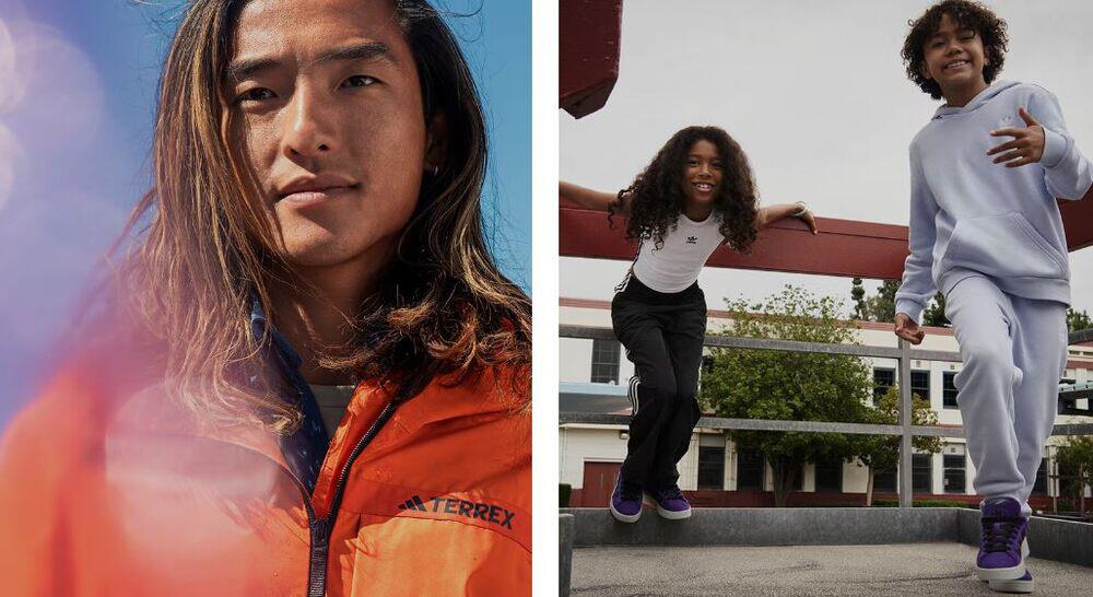 adidas Herbst-Trends: Mann in Terrex Regenjacke und Kinder in Joggingabzug sowie Trainingshose und Top