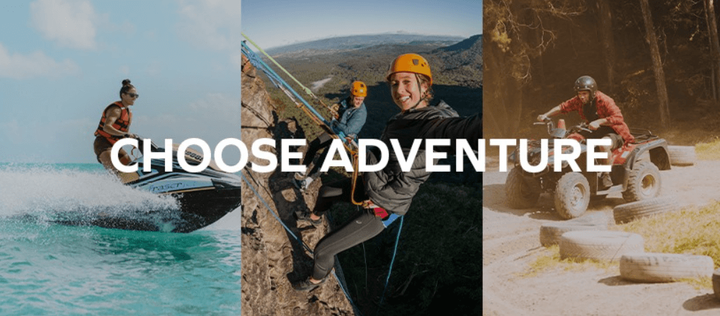 Adrenaline ways to save guide - 3 thrilling experiences including rock climbing with the text &apos;choose adventure&apos; overlaid