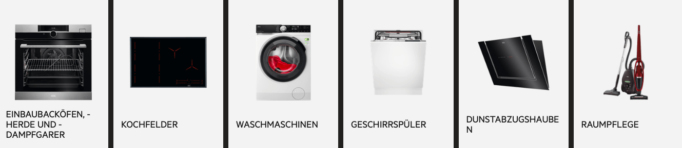 Großes Sortiment an hochwertigen Haushaltsgeräten wie Waschmaschinen und Geschirrspülern von AEG