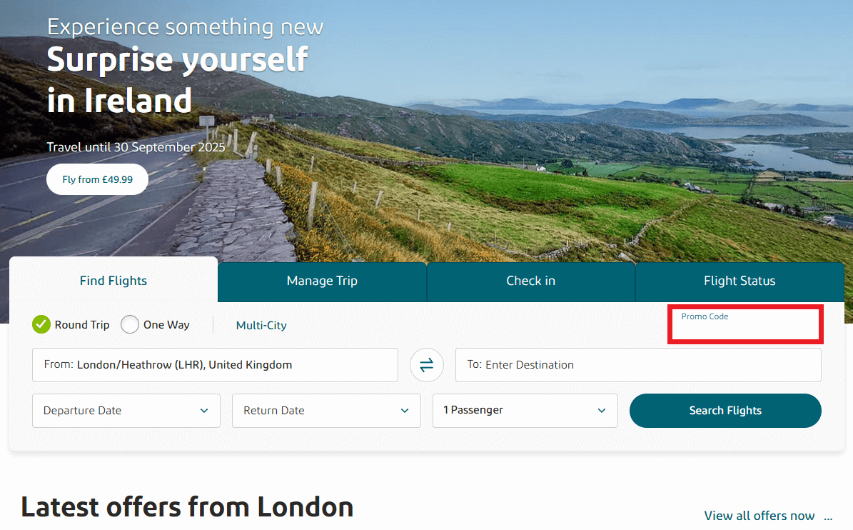 Aer Lingus promo code box during booking process image