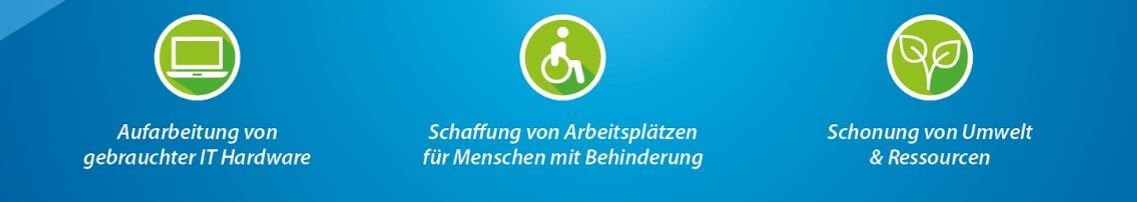 Banner für die AfB Shop Gutscheinseite mit den Merkmalen vom Unternehmen: Aufarbeitung von gebrauchter IT Hardware, Schaffung von Arbeitsplätzen für Menschen mit Behinderung, Schonung von Umwelt & Ressourcen