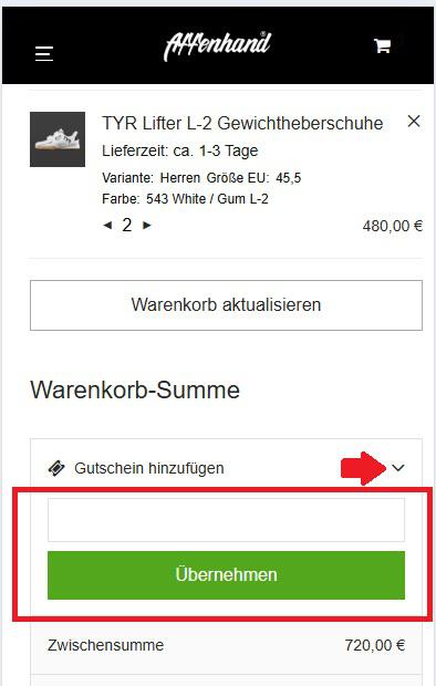 Eingabefeld für den Affenhand Gutschein im Warenkorb