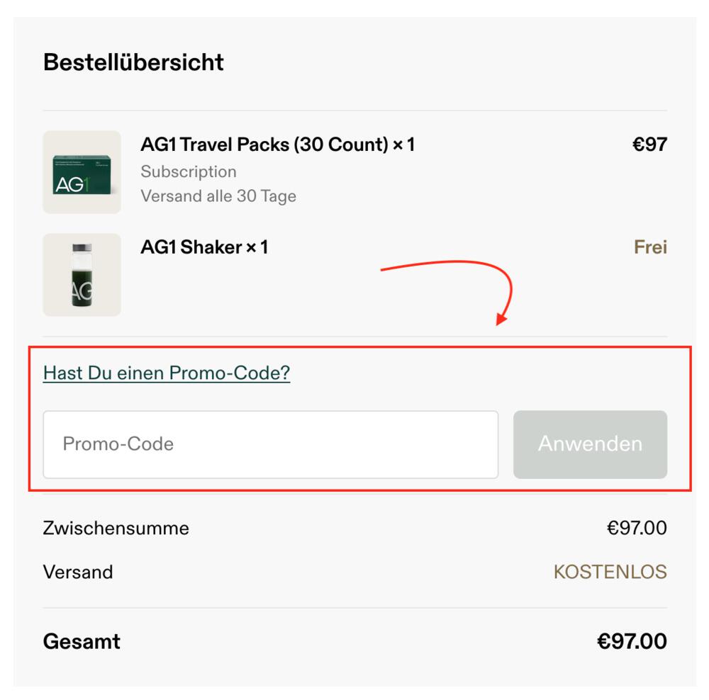 Warenkorb-Screenshot mit Eingabefeld für deinen AG1 Gutschein