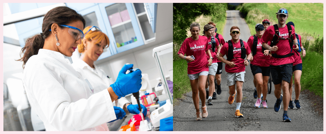 scientists in a lab alongside fundraisers running a marathon