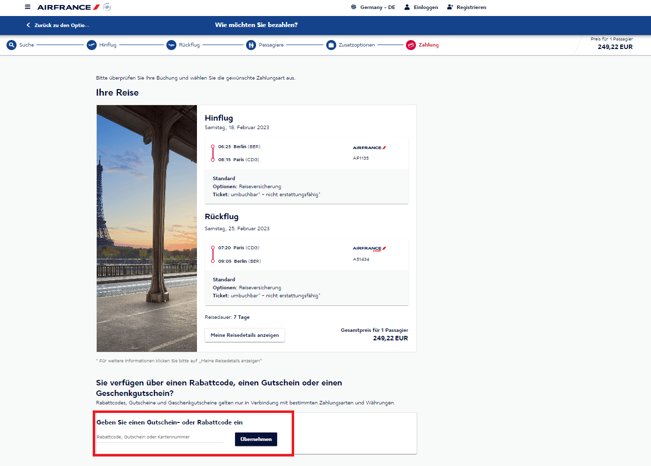 Screenshot vom Eingabefeld für einen Air France Gutschein