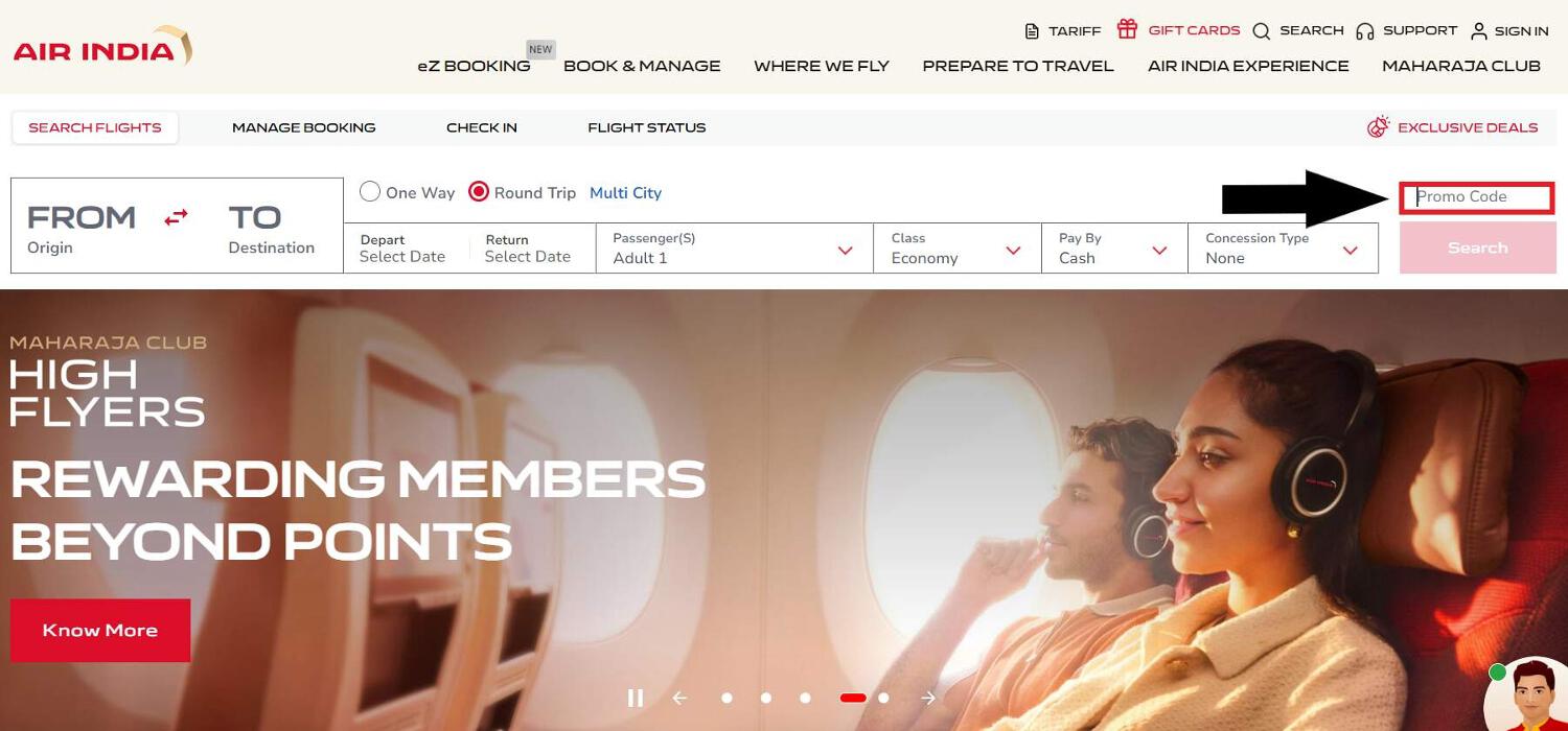 Air India discount code box during booking process