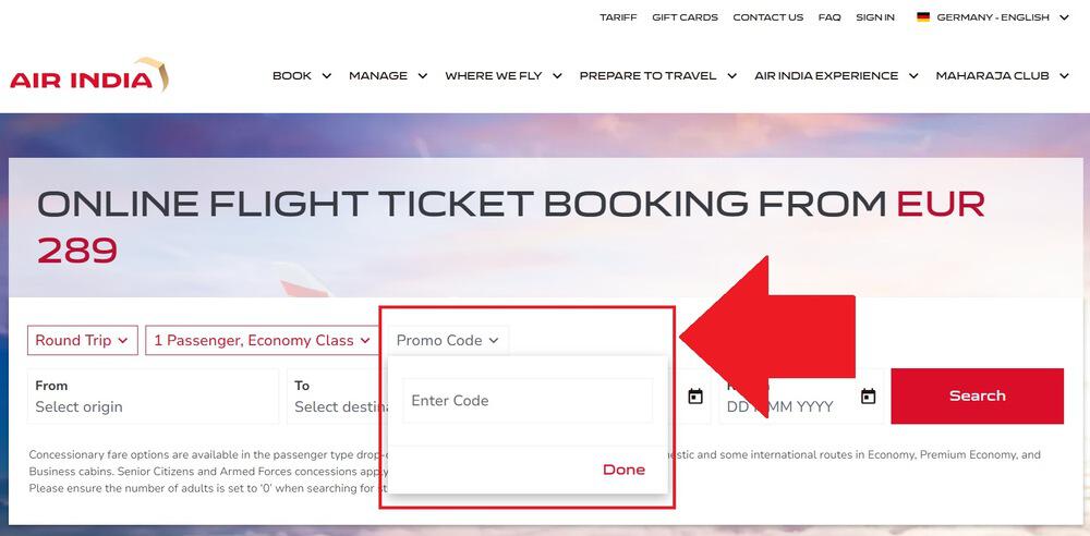Air India Promo Code einlösen