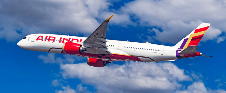 Air India savings guide image showing a branded plane in flight