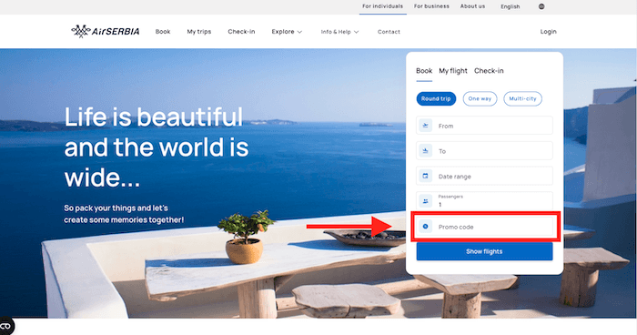 Air Serbia promo code box at checkout