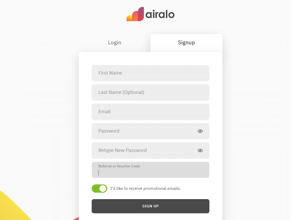 Screenshot of the customer account sign up form displaying the Airalo discount code application box