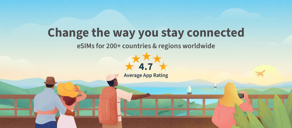 Airalo promotional banner. Text over decorative image reads: Change the way you stay connected. A 4.7 star app rating
