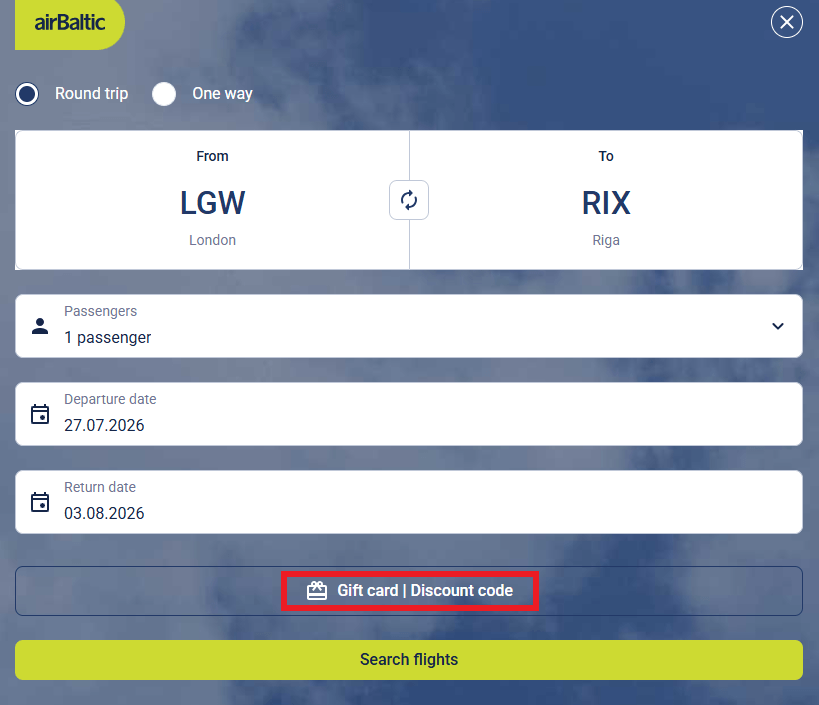 airBaltic discount code box during booking process