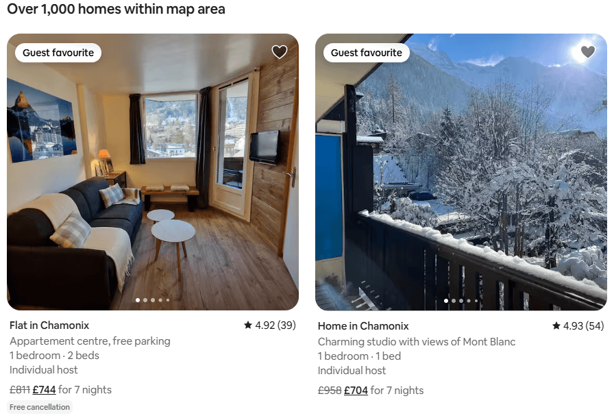 Screenshot of Airbnb search results for Chamonix showing multiple accommodation options