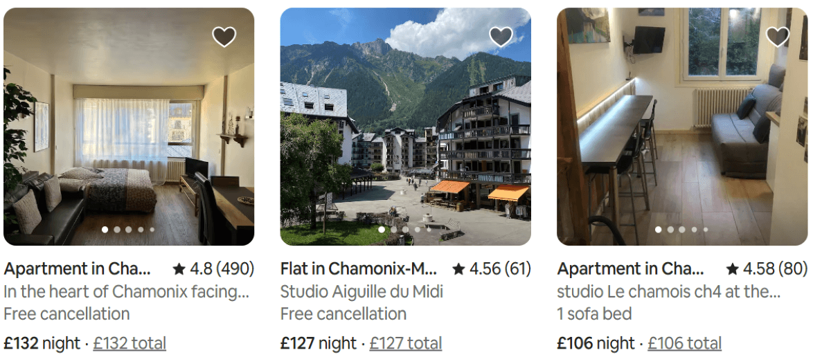 Ski booking options on the Airbnb website