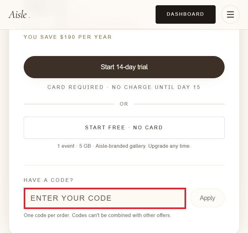 Aisle discount code redemption box image
