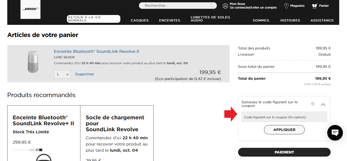 Encadré pour code promo Bose dans le panier en ligne