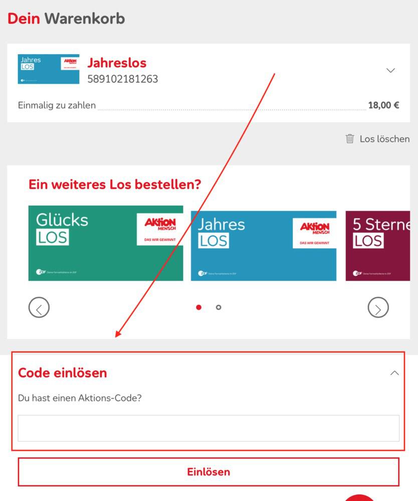 Warenkorb-Screenshot mit Eingabefeld für deinen Aktion Mensch Gutschein