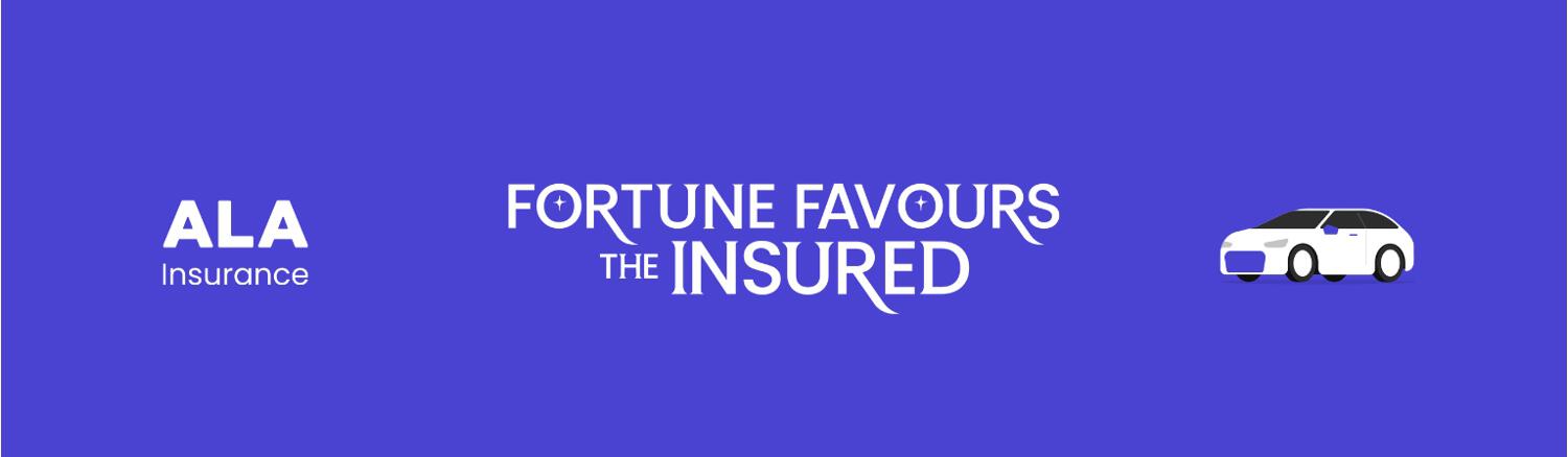 ALA insurance deals page banner showing the company log alongside the text &apos;fortune favours the insured&apos; next to a car
