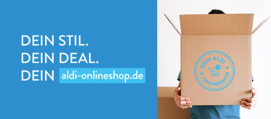 "Dein Stil. Dein Deal. Dein ALDI ONLINESHOP." und Person mit großem ALDI ONLINESHOP Karton vor dem Gesicht