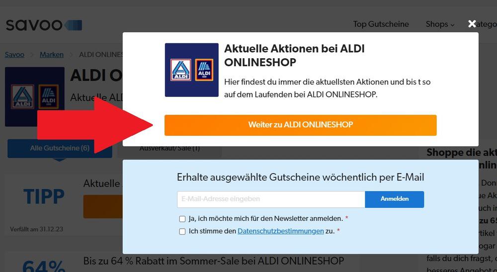 ALDI ONLINESHOP Gutschein von Savoo einlösen - Screenshot eines Coupons