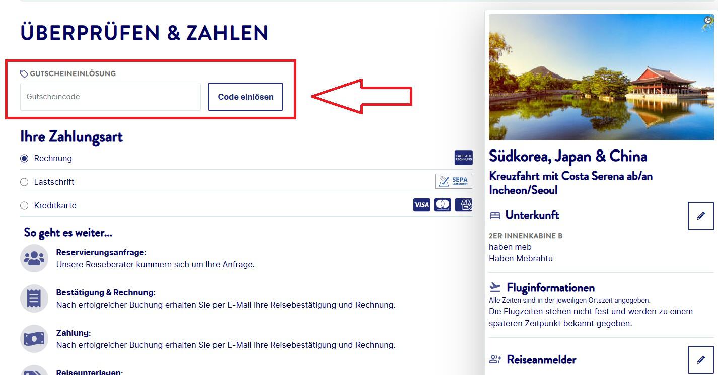 Screenshot aus dem Warenkorb mit Hinweis darauf, wo du den ALDI Reisen Gutschein einlösen kannst