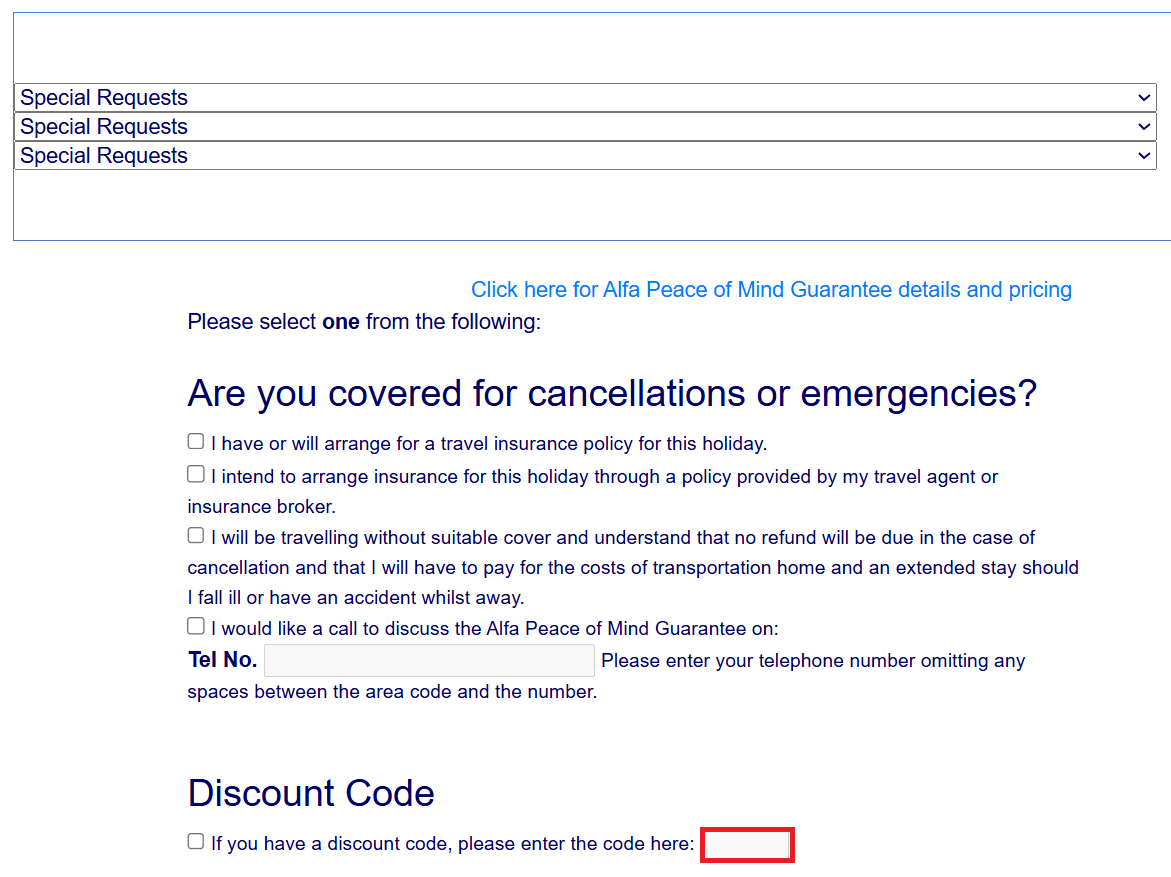 alfa holidays discount code input box image