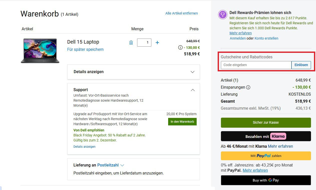Screenshot von der Bestellübersicht, um einen Alienware Gutschein einzulösen