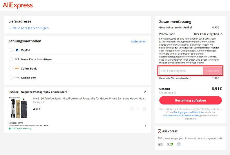 Screenshot aus dem Warenkorb mit Eingabefeld, wo du den AliExpress Coupon einlösen kannst